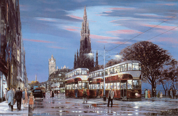 Trams on Princes Street, Colour by John M Boyd